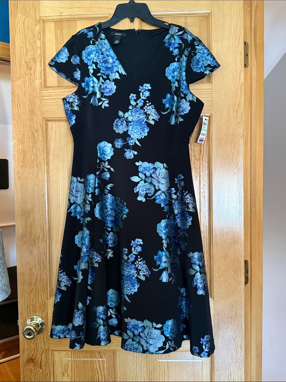 Alfani Black Dress with Blue Floral Print